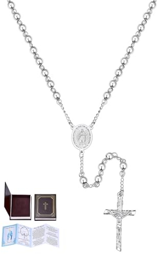 U7 Rosario Collana Uomo con Perline da 6mm Acciaio Inossidabile Colore Argento Crocifisso Collana Uomo Rosario Catena 66cm + 16cm con Scatolina Libretto di Preghiere, Manuale