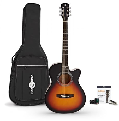 Guitare Acoustique à Pan Coupé et pack Accessoires par Gear4music, Sunburst | Préampli EQ 3 Bandes pour une Amplification Facile, Manche Confortable en C, Housse Cordes Accordeur et Capo, Sunburst