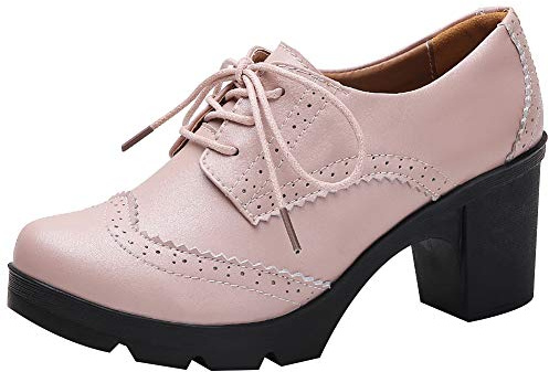 Jamron Femmes Talon Bloc Brogues à Lacets Chaussures de Derby Escarpin Chaussures Habillées Rose SN02955 EU41.5