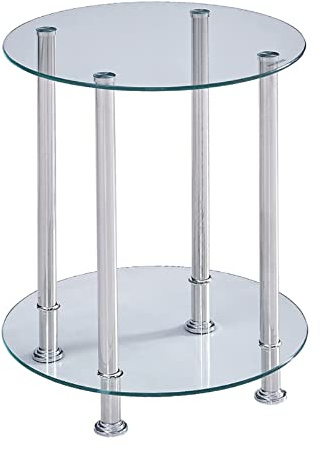 NICEME 2-Ablagen Beistelltisch rund, Kleiner Glastisch Couchtisch mit Oberfläche aus Hartglas und Chrom Metallgestell, Nachttisch, Sofatisch Möbel Beistelltisch (Klar)