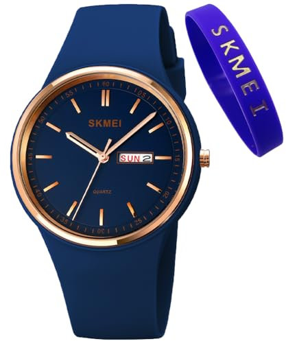 SKMEI Uhren für junge Frauen, Damen, Sport, Silikonband, großes Zifferblatt, groß, wasserdicht, modisch, lässig, einfach, Quarz, analog, Tag, Datum, Mädchen, Geschenk, L1747darkblue, Einfach
