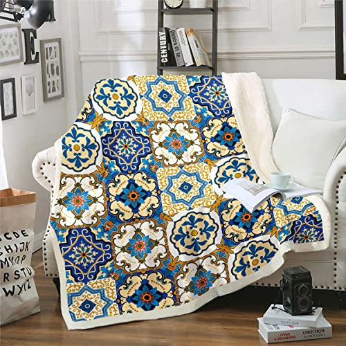 Homewish Coperta a medaglione orientale Sherpa vintage patchwork coperta, coperta floreale persion per sedia, stile bohémien, mandala, coperta in pile con doppia dimensione estetica in peluche