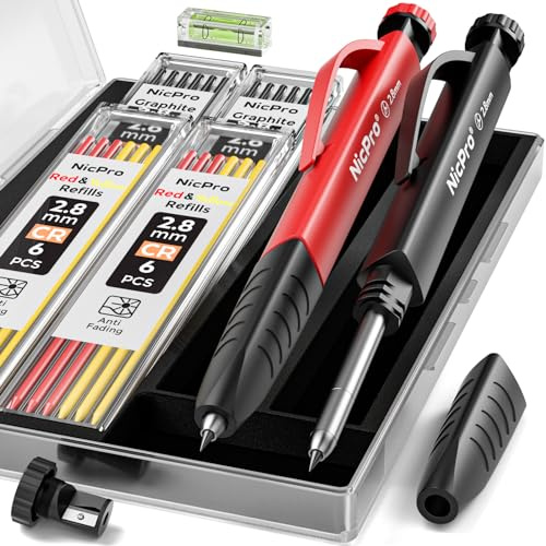 Nicpro Carpenter's Pencils Set, 2 Solid Carpenter's Pencils with Case, 24 Versatile Leads, Mechanical Pencil Marker, Deep Hole Marker Pencil with Built-in Sharpener for Woodworking, Construction Site