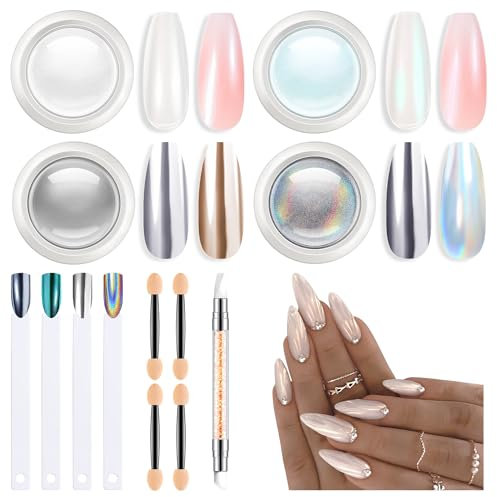 MODELONES Perle Poudre Chrome Ongle Blanc，13PCS avec 4 Poudre de Perle& MéTallique Brillant Chrome Effect, 4 Nuancier ongles,4 Fard à Paupières et 1 Stylo Détail, Vernis Poudre Ongle pour Nail Art