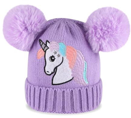Cheerful Mario Cappello Bimba Invernale Berretto a Maglia per Bambina 3-9 Anni con Pom Pom Caldo Cappelli Fodera in Pile Morbido Carino Viola C