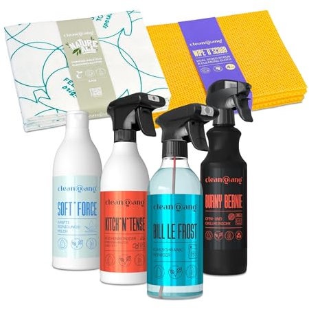 Cleangang Küchenreiniger-Spar-Set 6-Teilig für Hygienische Sauberkeit - Grill- und Backofenreiniger + Küchenreiniger Extra Strark + Kühlschrankreiniger + Reinigungsmilch + Reinigungstücher