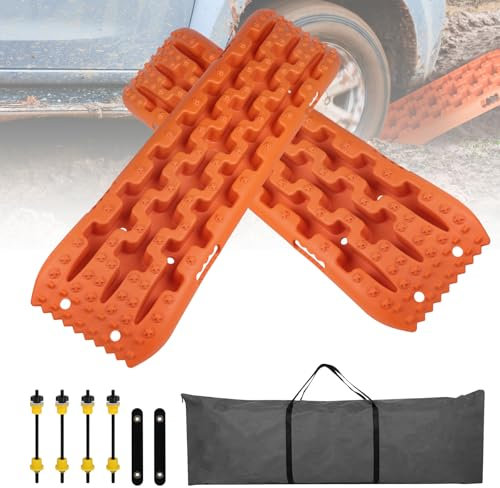 EXLECO 2er Sandbleche Wohnmobil Anfahrhilfe Offroad Zubehör Recovery Board Traktionshilfe Auffahrkeile PKW Anhänger Reifenleiter Traktionsband Traktionsmatte Gripmatte für Sand Schlamm Schnee Orange