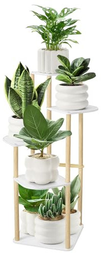 SUNDOY Plant Stand, Wooden Flower Shelf for Indoor/Outdoor, Plant Display Rack for Living Room, Bedroom, Balcony, Garden, Patio, Multi-Purpose Flower Pot Holder (5-Tier-White-Oak)