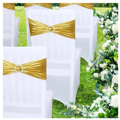 DOBRVVGT Banda de Satén para Silla 20 Lazos elásticos for sillas, Bandas for Cubrir sillas con Hebilla Deslizante for decoración de Bodas, Fiestas y Banquetes.(Gold)