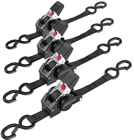 IAZZCO Retractable Ratchet Tie Down Straps – 2.5CM x 3M Heavy Duty Self-Retracting Cargo Straps with Hooks for Truck, Trailer, Motorcycle（Black/4 Pack）
