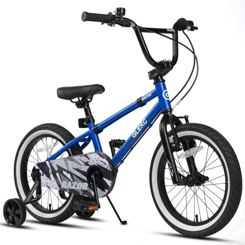 Glerc Razor 16 tums barncykel för 4–7 åriga pojkar, ungdomar, första BMX-stil, cykel med stativ och säkerhetsklingor och avtagbara stödhjul, blå