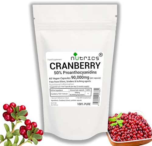 Nutrics® 90,000mg (per Capsule) Cranberry Extract 60 V Capsules - 50% Proanthocyanidins Strong One A Day - 100% Pure - Free from fillers, Binders & Bulking Agents