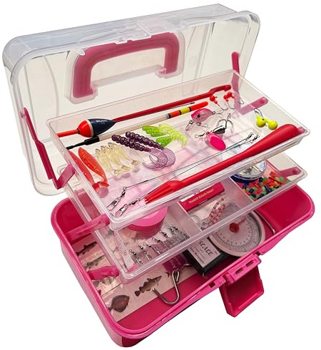 Mega Fishing Maleta de pesca para niños, color rosa, 109 piezas, kit de pesca para niños con accesorios, maletín de pesca con cebo, anzuelos, poses para trucha, perca y pez blanco, juego completo para