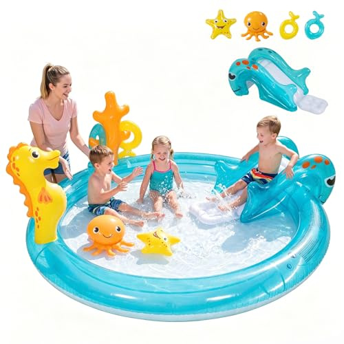 HOMASIS Piscina Gonfiabile per Bambini in PVC, Multifunzione con Scivolo, Spruzzatore e Accessori, Tema Animali, Ideale per Giardino e Gioco Estivo, Sottomarino con Delfino, 178 x 157 x 67,5 cm