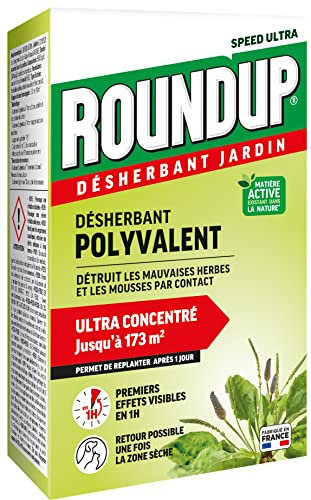 ROUNDUP RMU400N - Désherbant Jardin Action 2 en 1 Polyvalent 400 ml - Premiers effets visibles en 1h - Elimine mauvaises herbes et mousses par contact - Produit à base d'acide pélargonique - 173 m²
