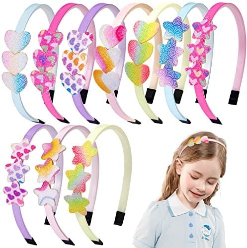 Candygirl Glitter Headbands for Girls Rainbow Alice Bands,10Pcs Sparkly Sequins Hair Bands Cute Kids Bling Headband Glitter Star Heart Hairbands with Teeth,Coloured Bow Headbands for Toddlers