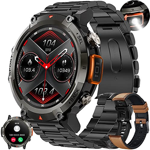 Montre Connectée Homme avec Appels Bluetooth, 1,45'' Smartwatch avec 100+ Modes Sportifs/Torche/SpO2/Lecteur de Musique/Fréquence Cardiaque/Sommeil/ SpO2 pour Android iOS