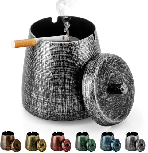 Yiiwinwy Ashtray for Cigarettes Outdoor, Outdoor Ashtray with Lid for Cigarette, Metal Odorless Windproof Smokeless AshTray for Patio Home Office Tabletop Balcony