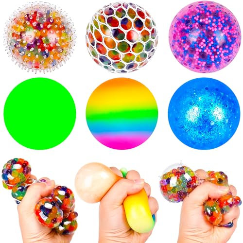 6 Stück Stressball, Mesh Stressbälle mit Wasse Perlen, Regenbogen Squeeze Bälle, Anti Stress Squeeze Traubenbälle für Kinder Erwachsene ADHS, Angst, OCD Angst abbauen und Beruhigung
