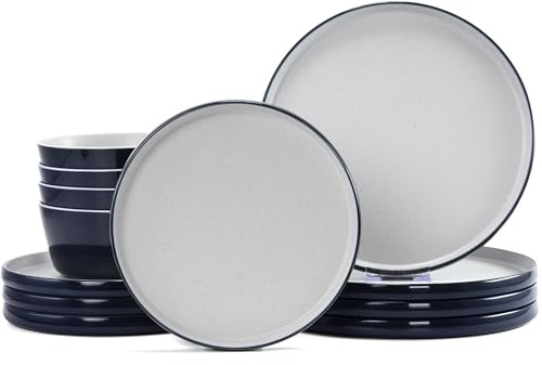 Gufaith Melamine Dinnerware Sets,Plate and Bowl Set for 4,12 Pcs Dish Set with Lipped Edges,Lightweight and Reusable Dishware Sets for Camping,Dishwasher Safe,Good for Housewarming(Navy Blue,Gray)