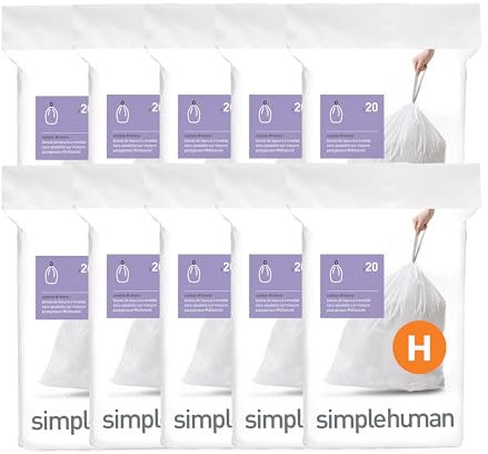 simplehuman Code H 200 Liners, 50% Recycled Custom Fit Bin Bags in Dispenser Packs with Durable Drawstring Tie Handle, 30-35L, White