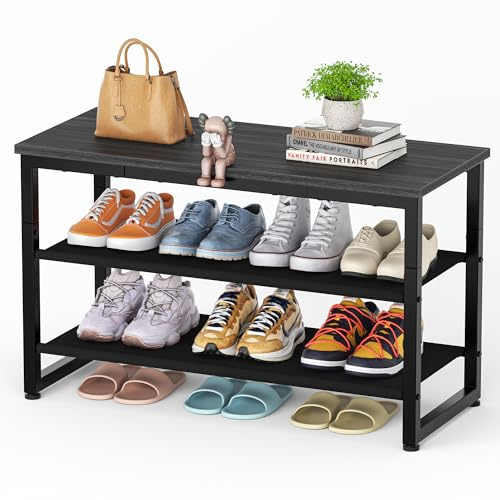 HOMIDEC Schuhregal mit 3 Ebenen, Schuhbank mit Holzplatte, Schuhregal mit Sitzbank, Regal Vliesstoff, für Eingangsbereich, Flur, Wohnzimmer, Tragkraft 150KG, Schwarz