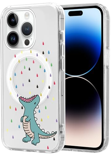 Phoona Handyhülle für iPhone 14 Pro Magnetisch Hülle 6.1, Kompatibel mit MagSafe Aesthetic Muster Weiches Silikon Transparent Weich Kratzfeste Stoßfest Cover Mädchen,Netter Dinosaurier