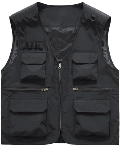 Vhersily Gilet de travail homme imperméable multipoches avec design professionnel pour pêche, randonnée, photographie, avec poches d'été, veste de pêche, chasse, extérieur, léger, résistant, Noir , L