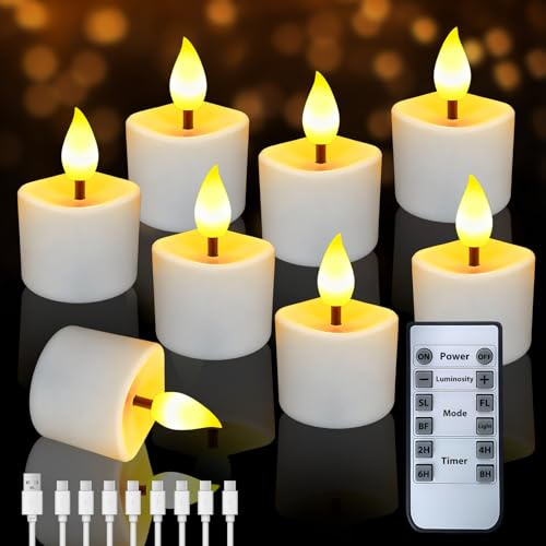 8 velas de té LED recargables, sin llama, con mando a distancia, velas LED con función de temporizador, resistentes al agua, velas eléctricas para Halloween, Navidad, decoración