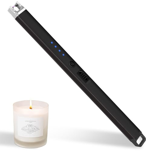 Candle Lighter, Rechargeable USB Electric Lighter, Windproof Flameless, LED Display, Battery Indicator for BBQ, Grill, Camping, Fireplace, Stove, Parties (Black)