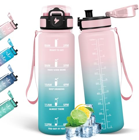 HoneyHolly Botella Agua, 1L, Marcador de Tiempo, Cantimplora, Libre de BPA, Portátil, Botella Agua Gimnasio, A Prueba de Fugas, Cantimplora para Gimnasio, Ciclismo, Oficina y Exteriores
