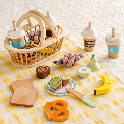 ROBUD Barn trä picknick lek matset, 14 st skärleksak för småbarn 3+ | Låtsaslek kökstillbehör med korg, frukt, bröd, kakrulle, kaffe, mjölk, tallrik, kniv och picknickduk, barngåva