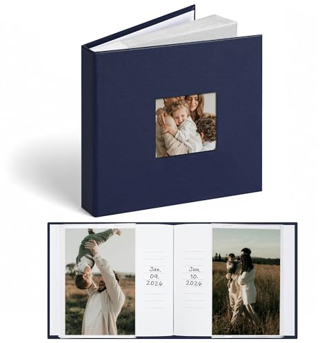 Vienrose Album Fotografico 6x4, Copertina in Ecopelle con Finestra e Spazio per Scrivere 48 Tasche a Inserto, Regalo per Matrimonio, Anniversario, Battesimo, Libro Ricordi Foto di Famiglia, Blu Marino