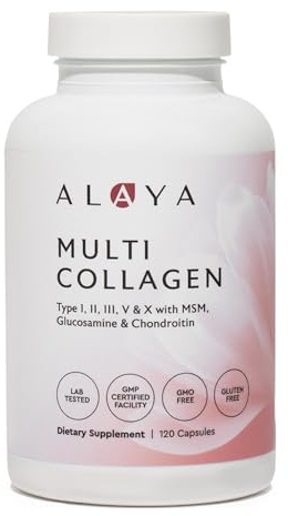 Alaya Naturals Hydrolyzed Multi Collagen Peptides Protein Capsules - Type I, II, III, V, X Grass-Fed Bovine, Chicken, Marine Collagen Supplement with MSM + GC (Capsules - 120 Count)