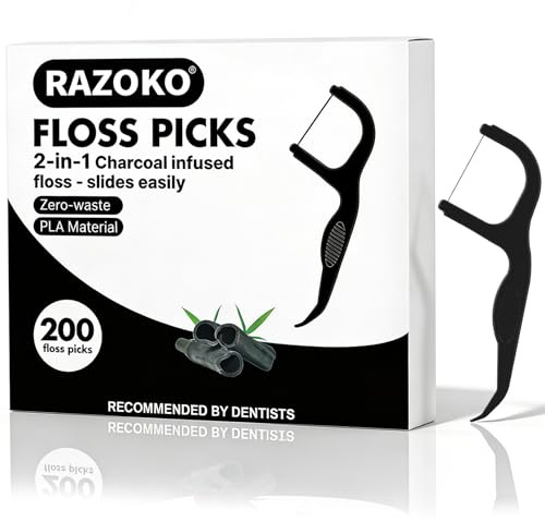 Natural Dental Floss Picks High Toughness Charcoal Toothpicks Sticks-Vegan,Eco-Friendly Sustainable Flossers for Teeth Cleaning (200 Count)