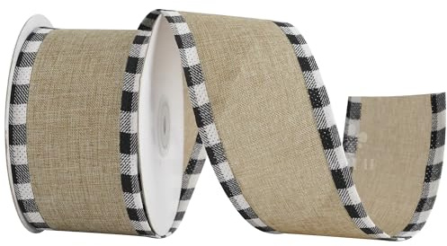 MEEDEE Burlap Christmas Ribbon Wired 2.5 Inch Plaid with Black and White Checkered Edging 10 Yards for Christmas Tree and Wreath Making