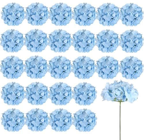 Auihiay 26 Pieces Hydrangea Artificial Flowers Silk Hydrangea Flowers Artificial Flowers Heads with Stems for Home Wedding Party Decorations (Blue)