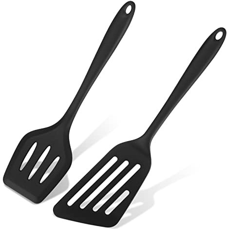 TOOINKCV 2 Pcs Silicone Spatulas Set, Heat Resistant Slotted Spatulas, BPA Free Kitchen Utensils Cooking Turner Spatulas Non Stick for Frying Cooking Flipping Fish Eggs Pancakes French Fries, Black