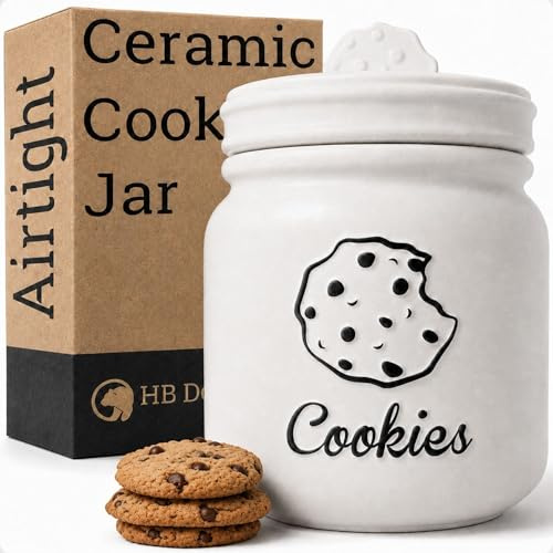 HB Design Co. Cookie Jar with Airtight Lid - 6 D x 8 H Matte White Ceramic Cookie Jar with Rubber Lined Lid - Large Cookie Jars with Lids Airtight - Farmhouse Cookies Jar for Kitchen Counter
