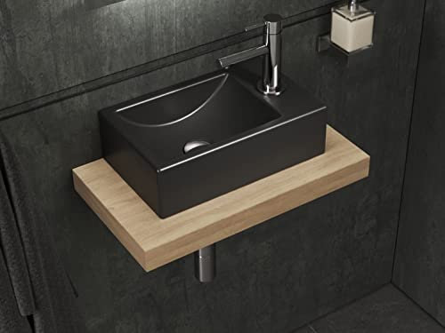 Aqua Bagno | Eckiges Waschbecken schwarz matt, Loft Air Handwaschbecken Keramik, Hanhnloch rechts | 37 cm breit