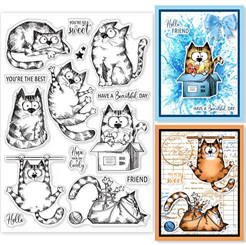 GLOBLELAND Katzen im Anime-Stil Klare Stempel für DIY Scrapbooking Dekor Segen Text Tiere Transparente Silikonstempel zum Erstellen von Karten Fotoalbum Dekor 148x21x3mm