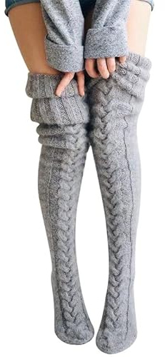 BFACCIA Chaussettes Montantes Femme Laine Tricot Chaud Câble Cuisse Socks Haute Moelleuses Automne Hiver Mode Longue Bottes Chaussett Couleur Unie Filles Cadeau de Noël