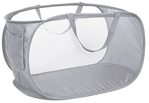 Durable Collapsible Laundry Baskets, Mesh Pop Up Laundry Hamper with Side Pocket, Foldable Clothes Storage Hamper with Reinforced Carry Handles for Laundry, Bathroom, Kids Room, Dorm or Travel Grey