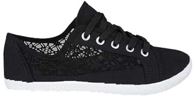 Womens Canvas Shoes Trainers Casual Plimsolls LACE UP Flat Embroidered Pumps Size UK 3-7 (EU 36-40) (Black, Footwear Women, Medium, Numeric_6)