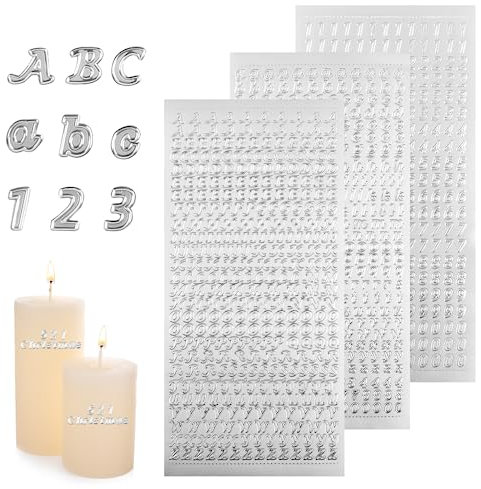 Wachsbuchstaben für Kerzen - Vaktop 3 Blatt Buchstaben Aufkleber mit Zahlen, Wachszahlen Sticker, Klebebuchstaben für Taufe Kommunion Hochzeit Fotoalbum Scrapbook (Silber)