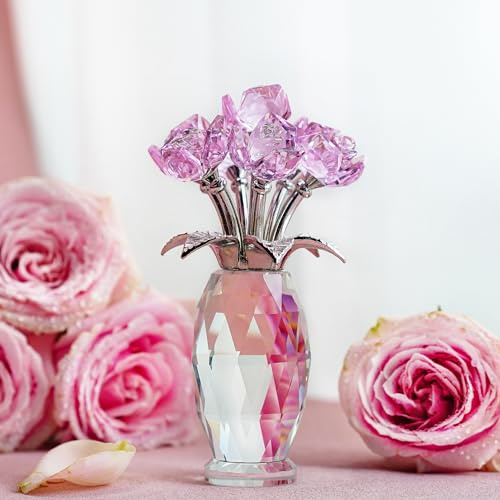 H&D HYALINE & DORA kristallros blomfigur, glas rosblommor gåvor för kvinnor, rosa ros blomma samlarobjekt för heminredning (presentask, välsignelse kort och en polerduk)