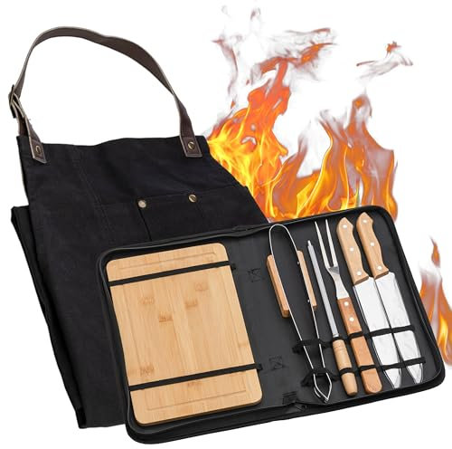 Trousse à outils portable pour barbecue avec ensemble de couteaux en acier inoxydable, pinces, brochette de grill, tablier en toile, planche en bois pour camper, camping et cuisine, outils de cuisson.