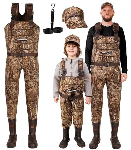 DaddyGoFish Waders in Neoprene Per Bambini E Adulti, Bootfoot, Pesca E Caccia Con Berretti Mimetici E Gancio Per Trampolieri