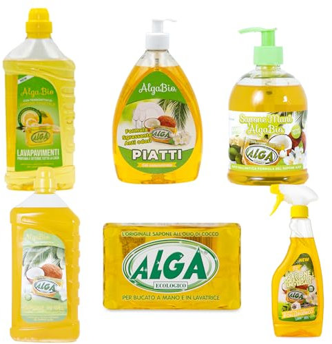 Alga Sapone Ecologico Box 6 pezzi - SAPONE GEL, SGRASSATORE UNIVERSALE, SAPONE MANI, SAPONE SOLIDO, SAPONE PIATTI, LAVAPAVIMENTI - Kit Completo Pulizia Casa - Ecologico Biodegradabile Ipoallergenico