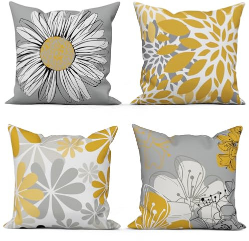 ASDCXZ Gelb Kissenbezug 40x40 cm 4er Set, Modern Gelb Grau Blumen Muster Sofa Dekokissen Kissenbezüge Kissenhülle Waschbar Polyester Flachs Textil Outdoor Kopfkissenbezug Kissen Bezug